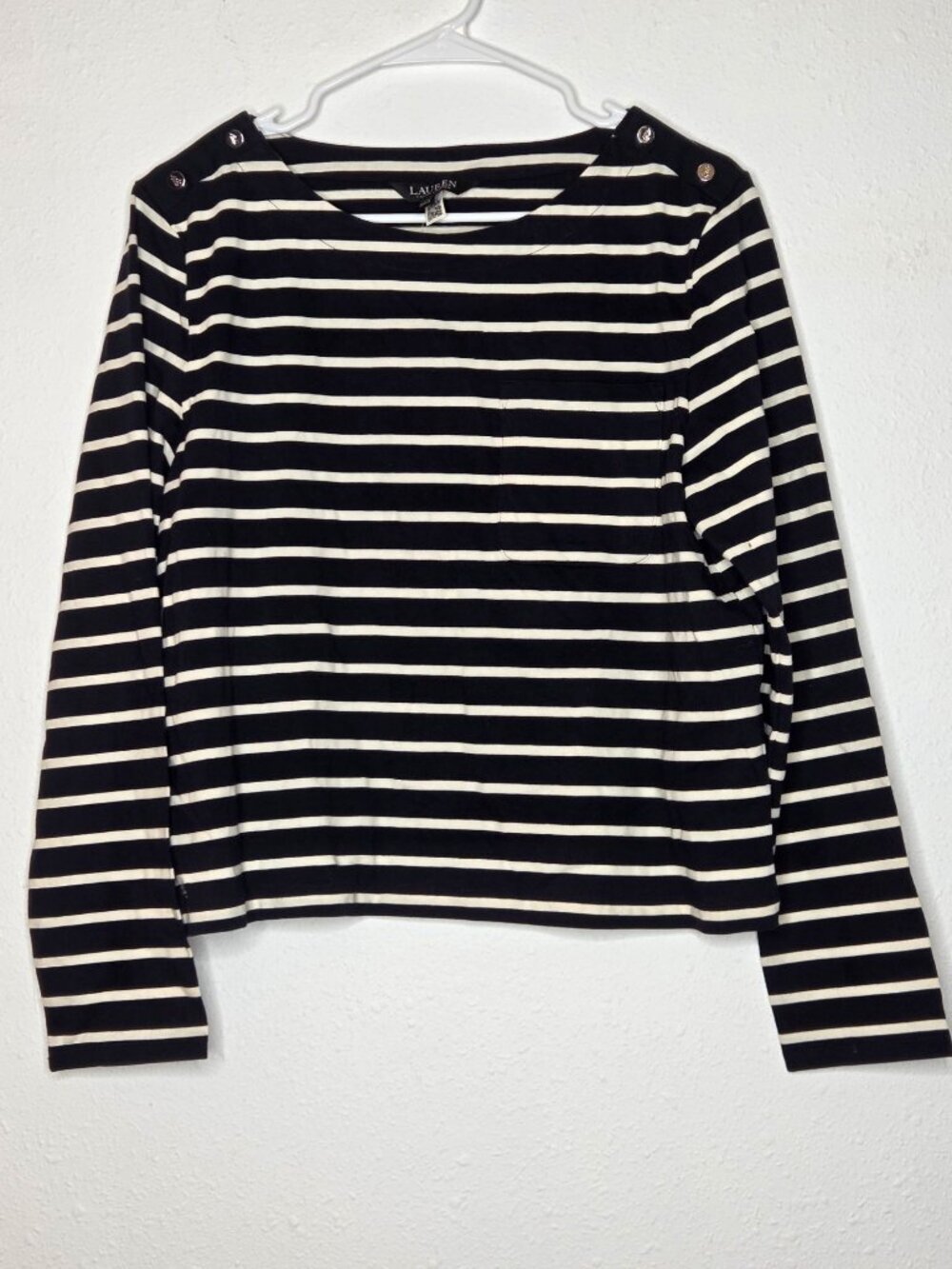 Lauren Ralph Lauren Striped Jersey Snap-Trim Boatneck Top Navy/Mascarpone Cream